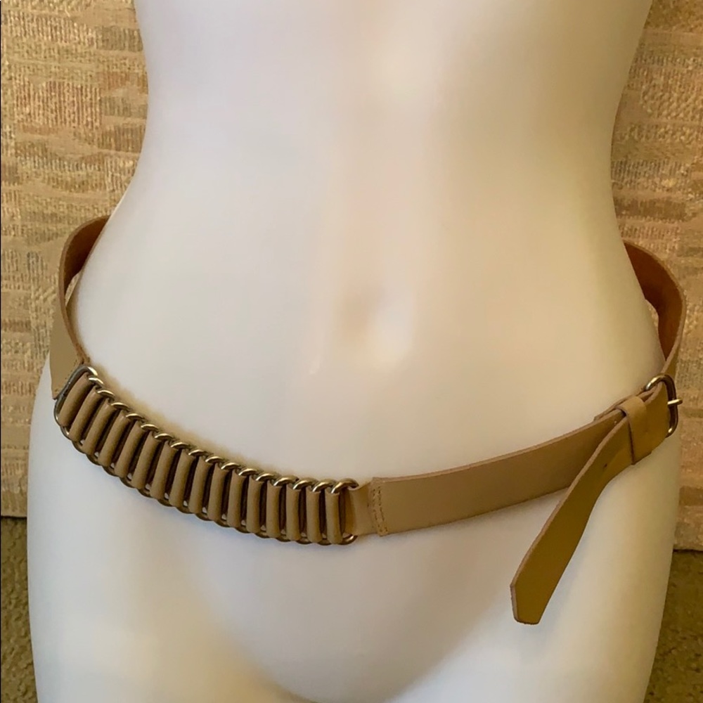 Vintage 1980s taupe leather hip belt silver metal